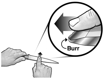 The knife edge should be in sustained moving contact with the internal diamond coated disk. Only light downward force will be necessary as you pull the blade toward you.