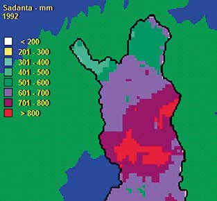 Kuva 4.10. Keskimääräinen vuosisadanta ajanjaksolla 1990 2013 Kuva 4.11. Vuosisadanta vuonna 1992 Kuva 4.12.