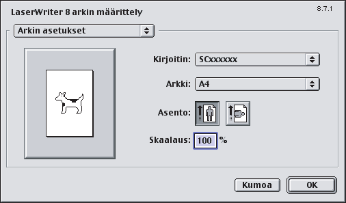 MAC OS 9 (1) 1 Avaa arkin asetusikkuna SimpleText-ohjelmassa. (1) Avaa [Arkisto]-valikko. (2) Valitse [Arkin määrittely]. (2) (1) (2) 2 Valitse paperiasetukset.