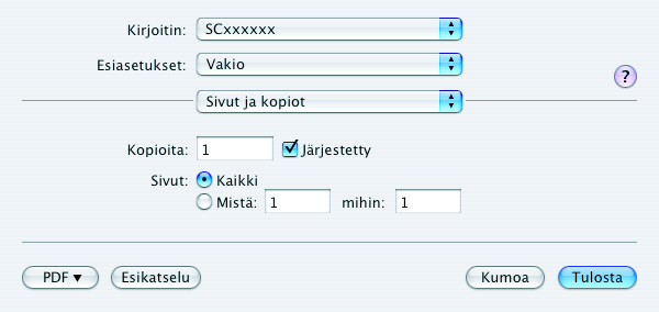 Tiedoston tulostaminen MAC OS X (1) 1 Tulosta TextEdit-ohjelmasta. (1) Avaa [Arkisto]-valikko. (2) Valitse [Tulosta]. (2) (1) (2) (3) 2 Valitse tulostusasetukset ja napsauta [Tulosta]-painiketta.