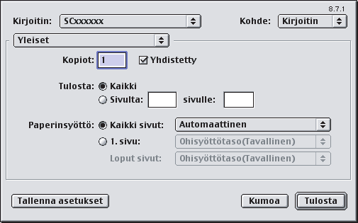 MAC OS 9 (1) 1 Tulosta SimpleText-ohjelmasta. (1) Avaa [Arkisto]-valikko. (2) Valitse [Tulosta]. (2) (2) (1) (3) 2 Valitse tulostusasetukset ja napsauta [Tulosta]-painiketta.