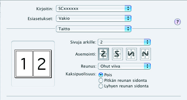 Macintosh Tulostinohjaimen asetusten valinta on selitetty alapuolella käyttäen esimerkkinä toimintoa "Usean kuvan tulostaminen yhdelle sivulle (moniotostulostus)".