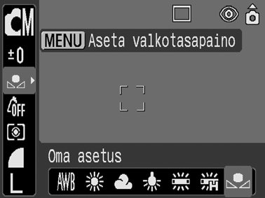 Mukautetun valkotasapainon käyttäminen Saat parhaat mahdolliset kuvausolosuhteiden asetukset määrittämällä omat valkotasapainoasetukset niin, että kamera arvioi kohteen, kuten valkoisen paperin,