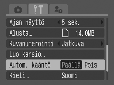 Automaattisen kääntötoiminnon asettaminen Kuvaustila Kamerassa on suunta-anturi, joka havaitsee, jos kuva otetaan pystysuorassa olevalla kameralla, ja kääntää kuvan automaattisesti oikeansuuntaiseksi