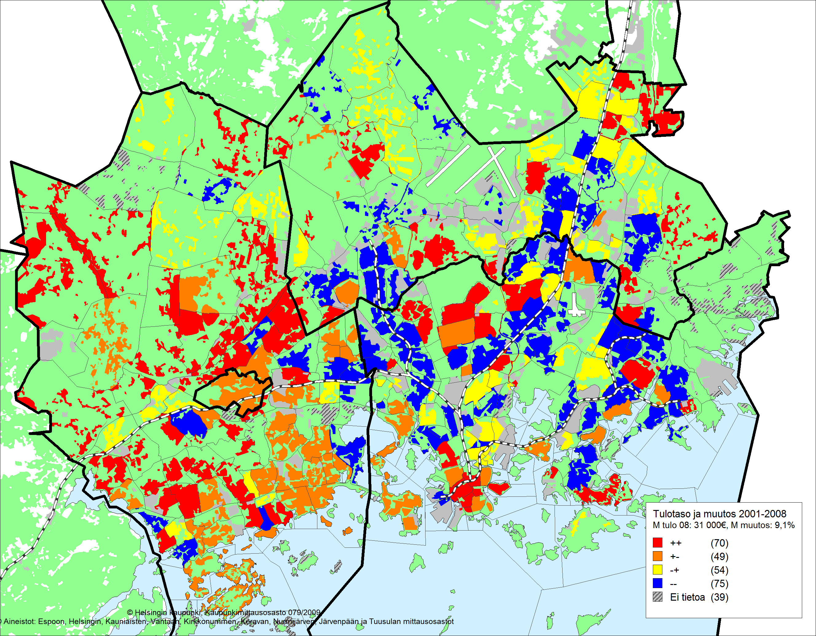 ALUEELLISEN KESKITULON MUUTOS, 2001 2008 Keskimääräistä korkeampi tulotaso 2008, keskimääräistä hitaampi tulotason kasvu Keskimääräistä korkeampi tulotaso 2008, keskimääräistä nopeampi tulotason