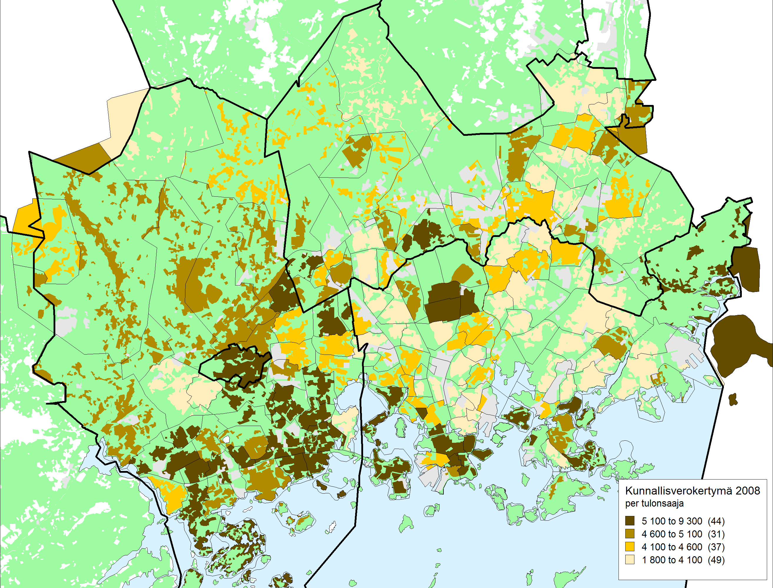 2. HELSINGIN JA VANTAAN TOIMINTAYMPÄRISTÖN NYKYTILA JA KEHITYS KESKIMÄÄRÄINEN KUNNALLISVEROKERTYMÄ TULONSAAJAA KOHDEN ALUEITTAIN VUONNA 2008 /tulonsaaja 5 100 9 300 ( 44 ) 4 600 5 100 ( 31 ) 4 100 4