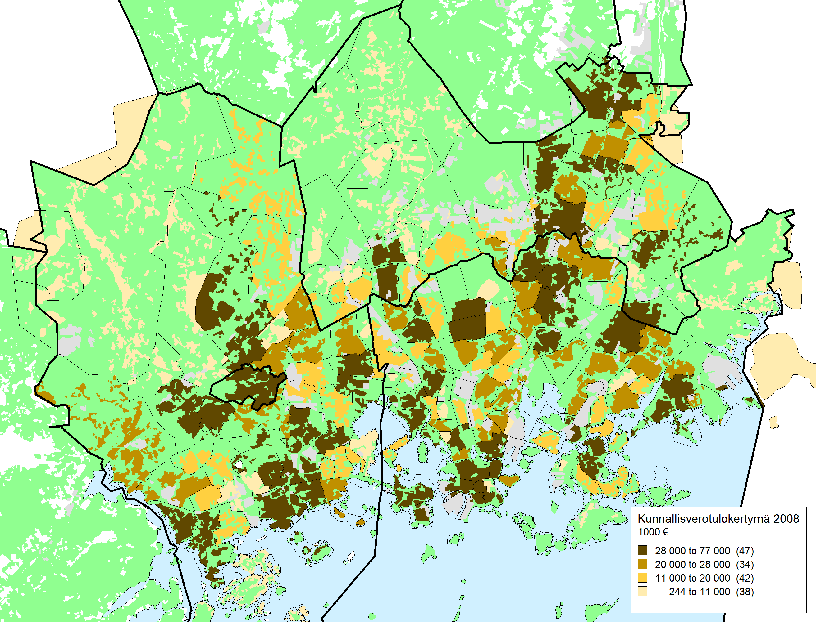 KUNNALLISVEROKERTYMÄ POSTINUMEROALUEITTAIN VUONNA 2008 1 000 28 000 77 000 ( 47 ) 20 000 28 000 ( 34 ) 11 000 20 000 ( 42 ) 244 11 000 ( 38 ) Kunnallisverokertymän kokonaismäärään vaikuttaa tulotason