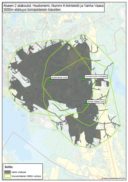 TAULUKKO 5. Alueen 2 alakoulut ja koulujen oppilaaksiottoalueet. (3 km) Maahanmuuttajataustaisten oppilaiden mahdollinen määrän kasvu on otettava huomioon myös alueen 2 koulujen tilankäytössä.