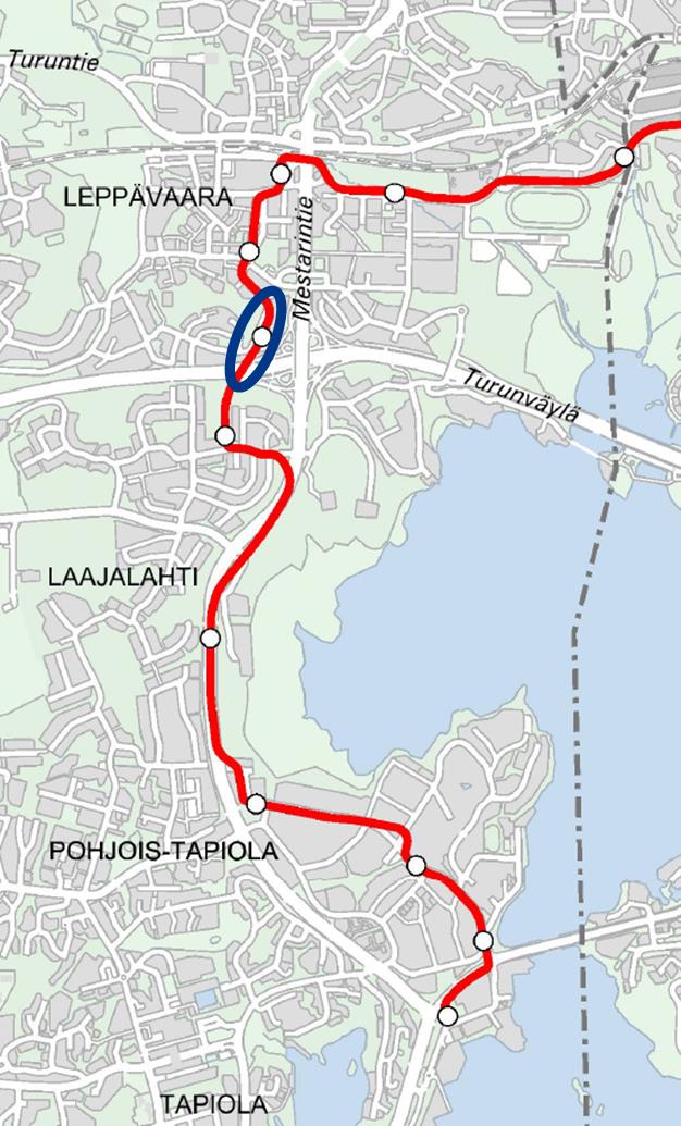 14 (25) Radan pituus on noin 25 km, josta noin 9 km sijoittuu Espoon alueelle. Radalle tulee 33 pysäkkiä, josta Espoon puolella on 11.