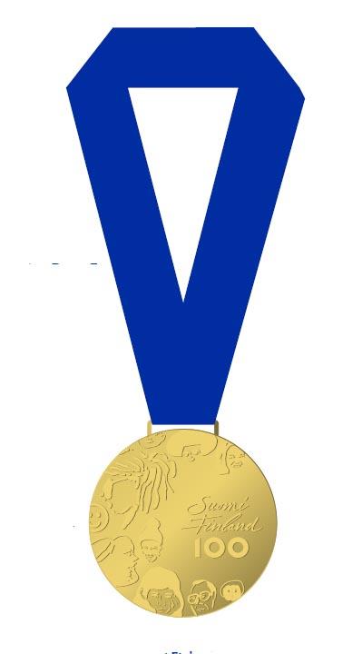 Suomi 100 -SM-mitali Omakustanteinen Suomi 100 -SM-mitali erikseen urheilulle suunniteltu Suomi100 -ilmeen mukainen mitali tarkoitettu Suomen mestareille