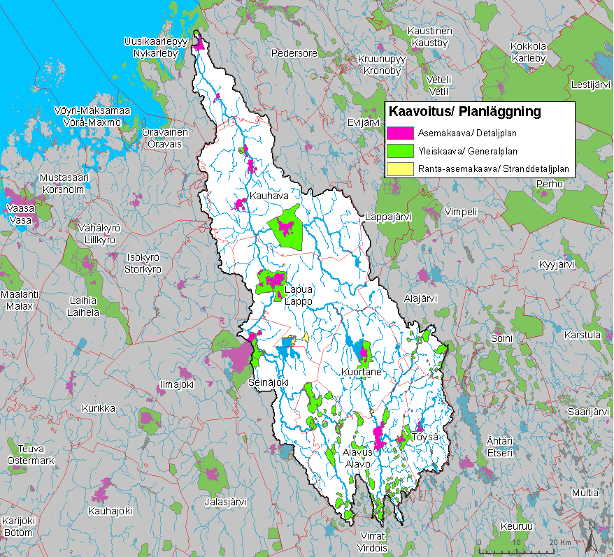 Lapuanjoen vesistöalueella suurimpia asutuksen laajentumisalueita ovat olemassa olevat taajamat sekä jokivarsi. Suurinta asutuksen laajentuminen on Lapualla ja Seinäjoella Nurmon alueella.
