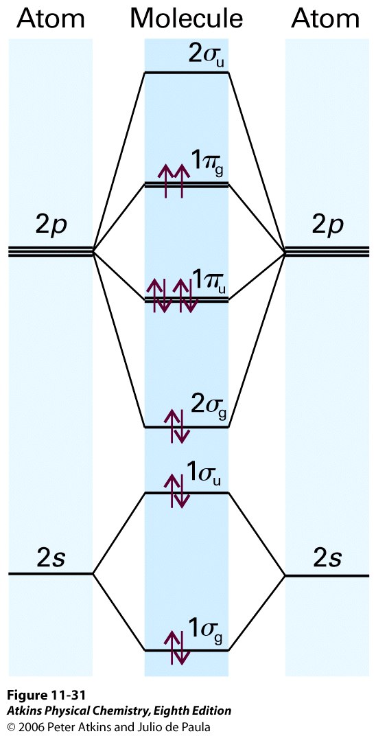 Saadaan 4 kpl σ orbitaaleja: ψ = c A 2s χ A 2s ± c B 2s χ B 2s 1σ g ja 1σ u ψ = c A 2 pz χ A 2 pz ± c B 2 pz χ 2 pz 2σ g ja 2σ u Sidosakselia kohtisuoraan sijaitsevat p x