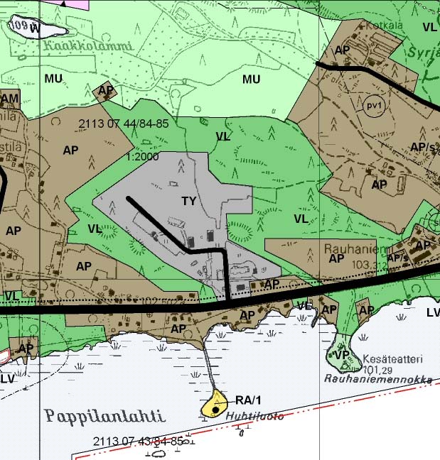 virkistysreitti rannassa. Syrjänharjun, Kydön, Häiviän ja Similänkulman alueen osayleiskaava 2002: asuinalue (AP), teollisuusalue (TY), lähivirkistysalue (VL) ja puisto (VP).