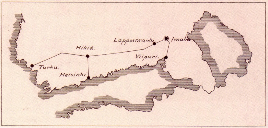 8 Kuvio 4. Rautarouva-linja, Imatra Turku/Helsinki. (Myllyntaus T. 1999) Voimajohtojoen rakentamisen myötä ajankohtaiseksi tuli myös mittaus- ja paalutustoimitukset.