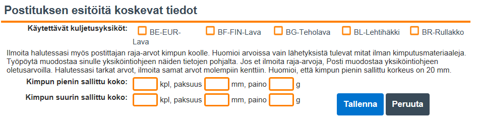 Postituksen esitöitä koskevat tiedot Jokaiselle tilaukselle on annettava postitukseen liittyvät tiedot (postinumerojakauma, lehden koko tiedot sekä postituksen esityötä koskevat tiedot), vaikka