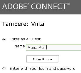 Connect-ohje oppilaalle MITEN KIRJAUDUN ADOBE CONNECTIIN? 1. Avaa internet-selain ja kirjoita osoiteriville virtuaaliluokkasi osoite, esim. http://tampere.adobeconnect.