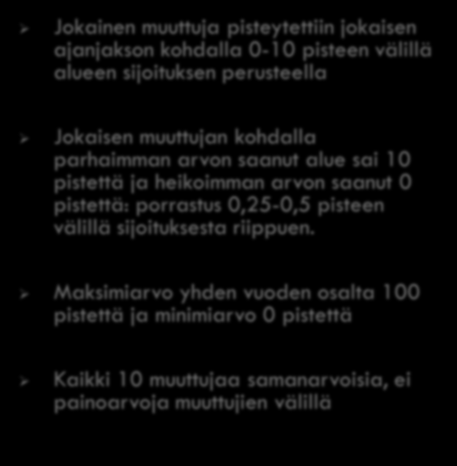 Arvojen pisteyttäminen Jokainen muuttuja pisteytettiin jokaisen ajanjakson kohdalla 0-10 pisteen välillä alueen sijoituksen perusteella Jokaisen muuttujan kohdalla parhaimman arvon saanut alue sai 10