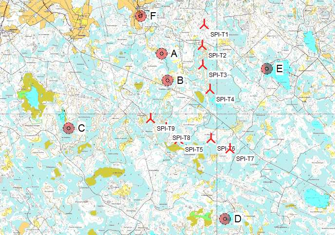 Project: Puutikankangas Description: TM Voima Oy DECIBEL - Main Result Calculation: 9 x V126 x HH137 105,9 dba) Noise calculation model: ISO 9613-2 General Wind speed: 8,0 m/s Ground attenuation: