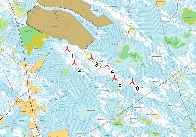 Project: Naulakangas Description: TuuliWatti Oy DECIBEL - Main Result Calculation: 6 x G132 x HH180 107,5 db(a) Noise calculation model: ISO 9613-2 General Wind speed: 8,0 m/s Ground attenuation: