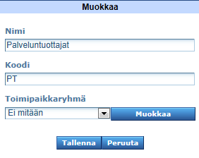 1.2 Olemassa olevan toimipaikkapääryhmän muokkaaminen Olemassa olevaa toimipaikkapääryhmää voidaan muokata. Voidaan muuttaa sen nimeä, yksilöllistä koodia tai muuttaa sen paikkaa. 1.