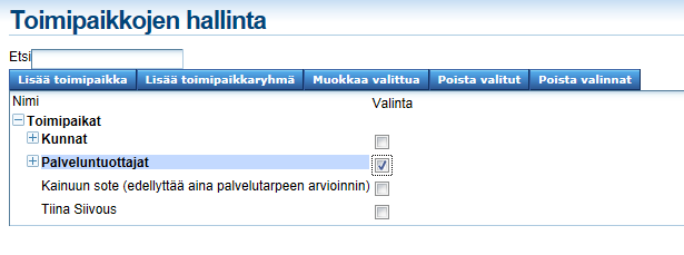 Kuva 8. Toimipaikkojen hallinta näkymässä tehty valinta. 4. Paina Poista valitut painiketta, jolloin avautuu alla olevan kuvan 9 mukainen Varoitusikkuna. Kuva 9. Varoitus-ikkuna. 5.