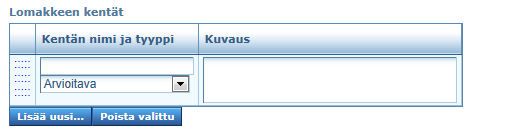 Kuva 112. Arviointilomake näkymä. 6. Alla olevassa kuvassa 113 on lomakkeessa olevat kentät. Kentän nimi Tyyppi voi olla joko Arvioitava tai informatiivinen.