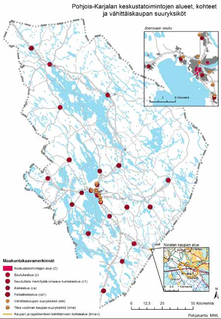 Joensuun kaupunkiseudun alakeskukset (ca -kohdemerkintä) Hammaslahti Kontiolahden kirkonkylä Lehmo Liperin kirkonkylä Niinivaara Noljakka Reijola Ylämylly Paikalliskeskukset (ca-1 -kohdemerkintä) Eno
