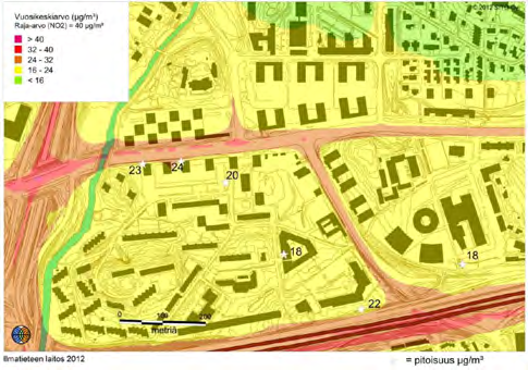 20.8.2012 Mallinnukset Mallinnuksen tuloksena saadaan mm. karttapohjalla esitettyinä pitoisuudet aluejakaumakuvina. Mallinnustuloksia verrataan ohje- ja raja-arvoihin.