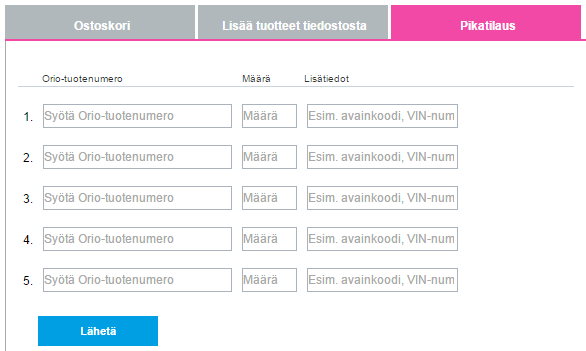 Ostoskori Voit antaa haluamasi tilausmäärän suoraan hakutuloksissa tai tarkassa tuotekuvauksessa. Napsauttamalla Lisää tilaukseen lisäät tuotteen ostoskoriisi.