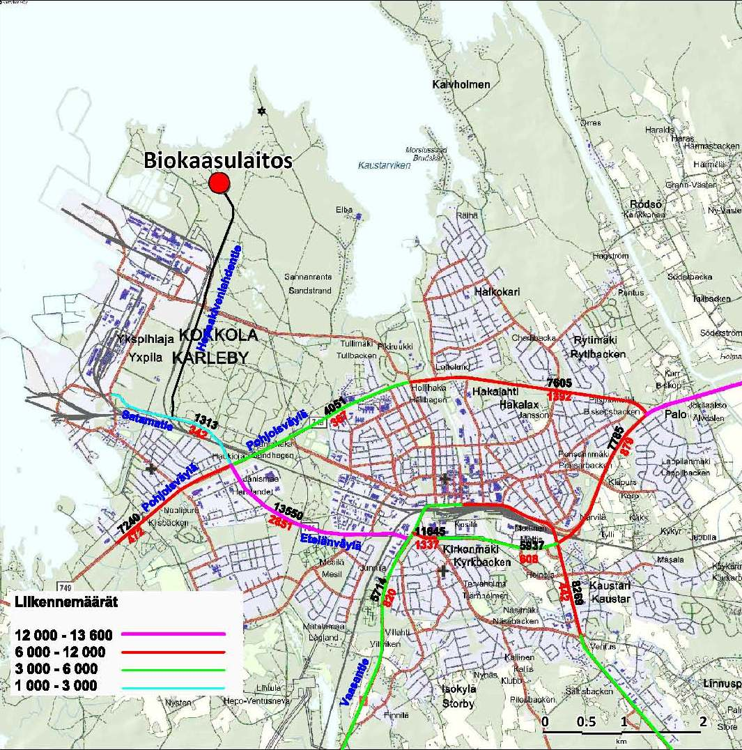 88 Kuva 18. Kokkolan pääteiden keskimääräiset liikennemäärät (ajoneuvoa/vrk) vuonna 2008.