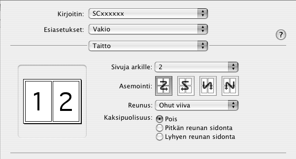 TULOSTUS Windows (1) (1) Määritä asetukset [Pääasetukset]-välilehdellä. (2) Valitse sivujen lukumäärä arkkia kohti.