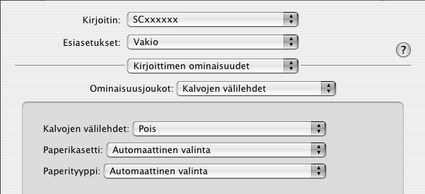 TULOSTUS VÄLILEHTIEN LISÄYS TULOSTETTAESSA KALVOLLE (Kalvojen välilehdet) Tämä toiminto auttaa tulostettaessa kalvolle estämään kalvoja liimautumasta yhteen lisäämällä paperiarkin jokaisen kalvon