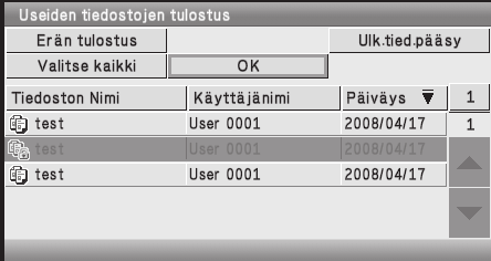 TULOSTUS TIEDOSTOERÄN TULOSTUS Kansiosta voi valita useita tiedostoja tulostettavaksi. Näytön näppäimet voidaan valita nuolinäppäimillä ja [OK]-näppäimellä. Valitse [Usean tied tulost] -näppäin.