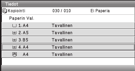 TULOSTUS Valitse [Paperi] -näppäin. Data: Asiakirjan Tyyli: Mono2 1-Puoleinen 3 EDELLINEN OK Valitse sen tason näppäin, jolla on haluamaasi paperia. Tulostus käynnistyy.