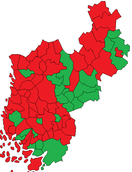 VARSINAIS- SUOMI -6,25 Aura 11,56 Kaarina 6,57 Kemiönsaari -24 Koski Tl -10,42 Kustavi -8 Laitila 5,65 Lieto -4,23 Loimaa -11,5 Marttila -2,78 Masku 30,83 Mynämäki -11,64 Naantali -12,31 Nousiainen