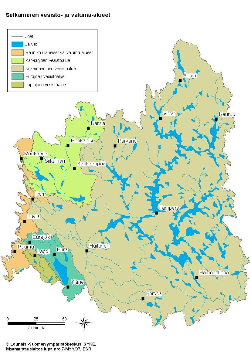 Satakunnan päävesistöt Karvianjoki 3 438 km 2 Kokemäenjoki 27 46 km 2 Satakunnassa: Kokemäenjoen alaosa Jämijärven alue Eurajoki 1 336