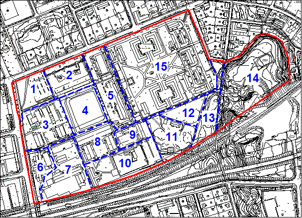 Kuva 1. Selvitysalueen rajaus (punainen viiva), osa-aluejako (siniset katkoviivat) ja osa-alueiden numerointi 1 15. Mittakaava 1:5000. Pohjakartta Mikkelin kaupunki. Kuvan lähde: Vauhkonen 2006.