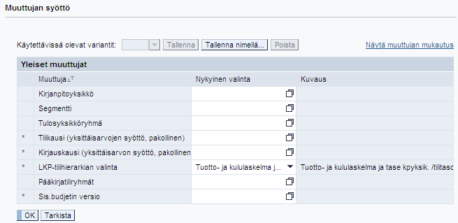 Demo: Muuttujien syöttö Ensimmäisenä avautuu raportin muuttujien syöttö, joissa kysytään alkuarvot tarvittaville tiedoille. Tähdellä merkityt ovat pakollisia tietoja ja muut vapaaehtoisia.