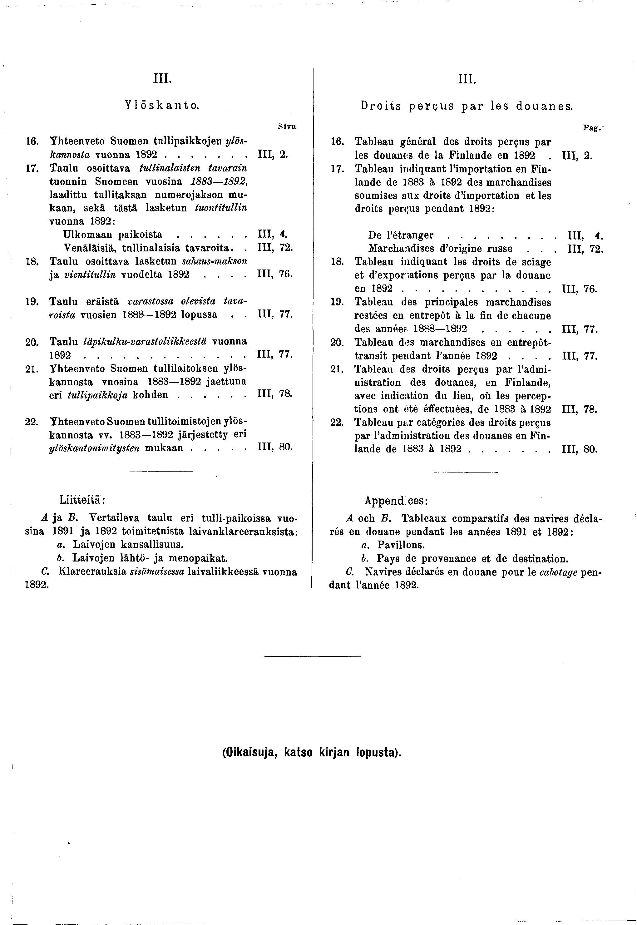 III. Ylöskanto. S iv u 6. Yhteenveto Suomen tullipaikkojen löskannosta vuonna 892 III, 2. 7.