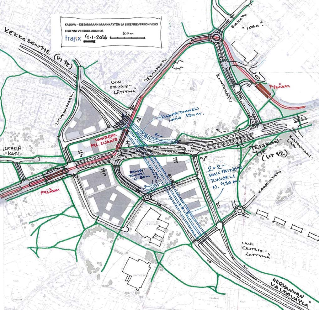 19 Valittu liikenneverkkoluonnos, vaihtoehto 1. Hervannan valtaväylä / Kekkosentie noin 430 m matkalla tunnelissa ja Vt12 suunnan rampit osin tunnelissa.