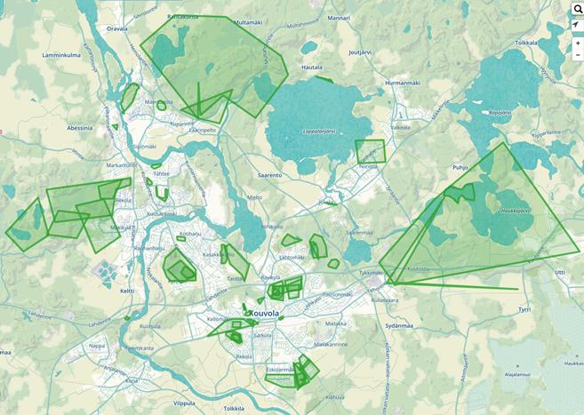 6. Hiljaiset alueet Hiljaisista alueista tehtiin kyselyssä 64 paikannusta. Muutama paikannus tehtiin Elimäen ja Anjalan alueille ja loput Kouvolan, Kuusankosken ja Valkealan alueille.