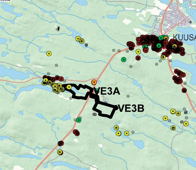 8.3 VIRKISTYS Vaihtoehto 3 (VE3). Rikastus Kuusamon kaupungin jäteaseman alueella Alue sijaitsee suuresta asutuskeskittymästä (Kuusamon taajama) reilut 3,6 km lounaaseen.