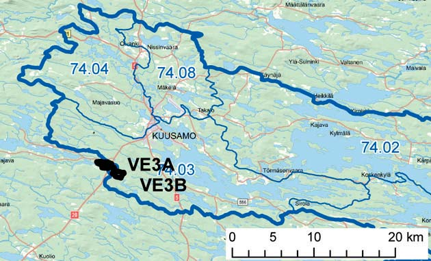 Vienan Kemin latvavesistöalue Rikastustoiminnan sijoitusvaihtoehto VE3B sijoittuisi Vienan Kemin latvavesistöalueelle (74) Niskajoen-Vääräjoen (74.032) 3. jakovaiheen alueelle (Kuva 8-27).