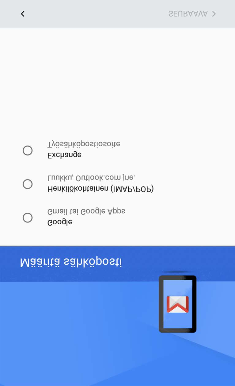 Gmail Voit lähettää ja vastaanottaa sähköpostia, jos laite on yhdistetty langattomaan verkkoon. Avaa Googlen sähköpostisovellus valitsemalla Gmail.