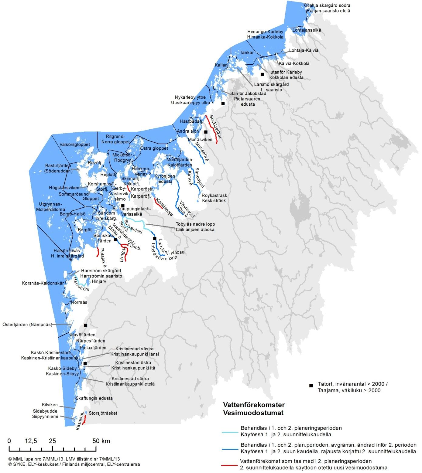 Rannikon ja pienten vesistöjen vesienhoidon toimenpideohjelma 2016-2021 Kuva 2.1. Rannikkovesien ja pienten vesistöalueiden toimenpideohjelman vesimuodostumat.