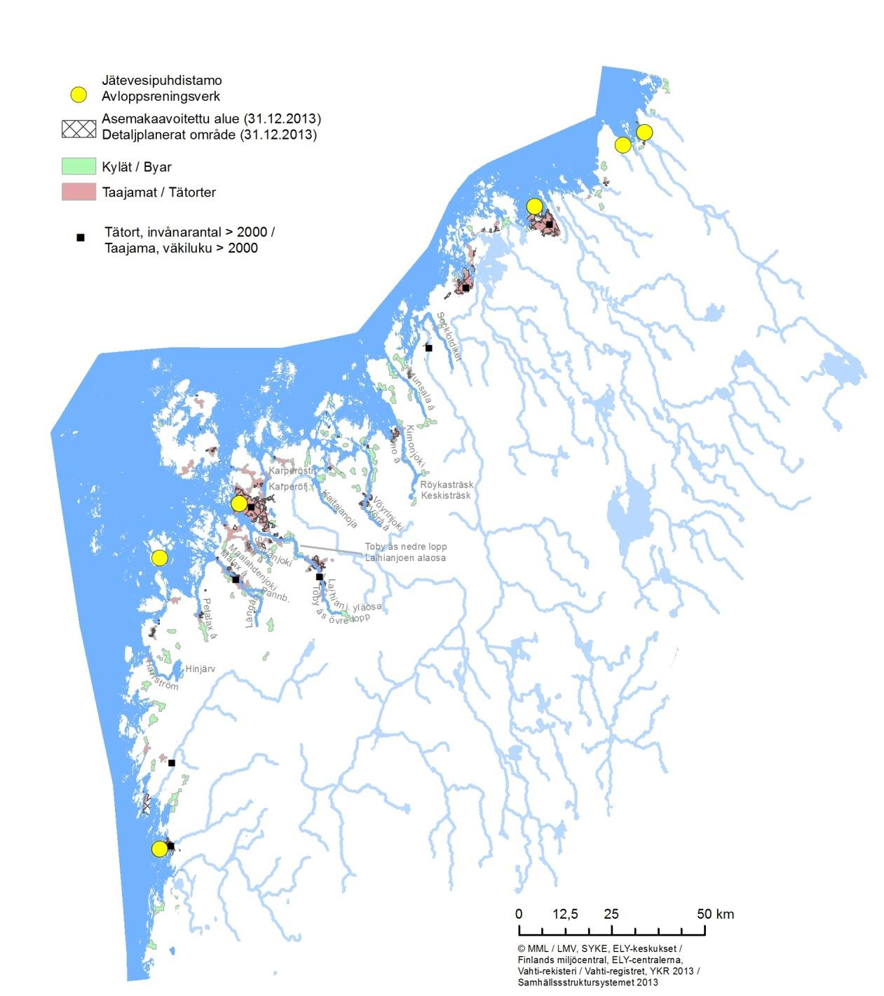 Kuva 4.2.1b Rannikon toimenpideohjelma-alueen taajamat. Kalankasvatus Kalankasvatus merellä keskittyy pohjoiselle Selkämerelle.