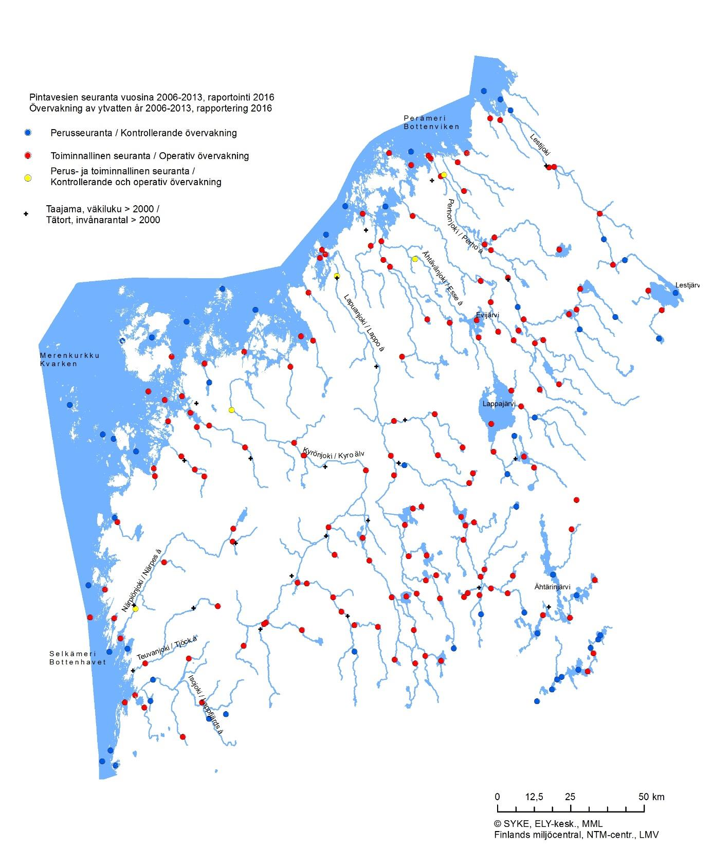 Rannikon ja pienten vesistöjen vesienhoidon toimenpideohjelma 2016-2021 Kuva 6.7. Pintavesien seurantapaikat Etelä-Pohjanmaan ELY-keskuksen alueella 2006-2013.