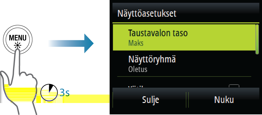 Näyttöasetukset Näytön asetuksia voi säätää milloin tahansa Näyttöasetuksetikkunassa, jonka saa käyttöön pitämällä MENU-painiketta painettuna.