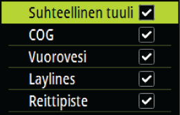 7 TWA (todellinen tuulikulma) - vihreä, jos todellisessa tuulikulmassa vastatuuleen tai myötätuuleen. Sininen, jos poikkeama kohteeseen on 10º tai enemmän tai etappi on vapaa.