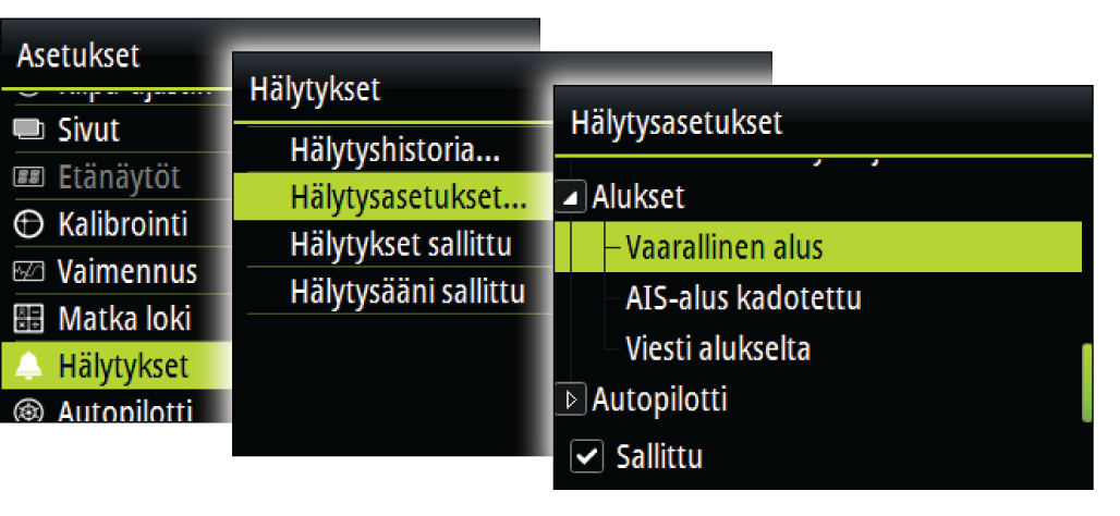 Lisätietoja hälytyksistä on kohdassa "Hälytykset" sivulla 59. Vaarallinen alus Ohjaa sitä, aktivoidaanko hälytys aluksen tullessa CPA-asetuksen etäisyyttä lähemmäs TCPA:n aikarajan sisällä.